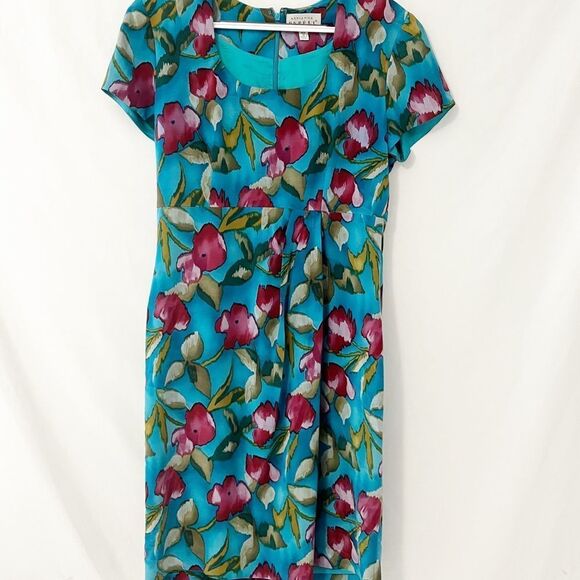 🟢Papell Petites 100% Silk Turquoise Teal Floral Sheath Dress Size 8 - Picture 2 of 7